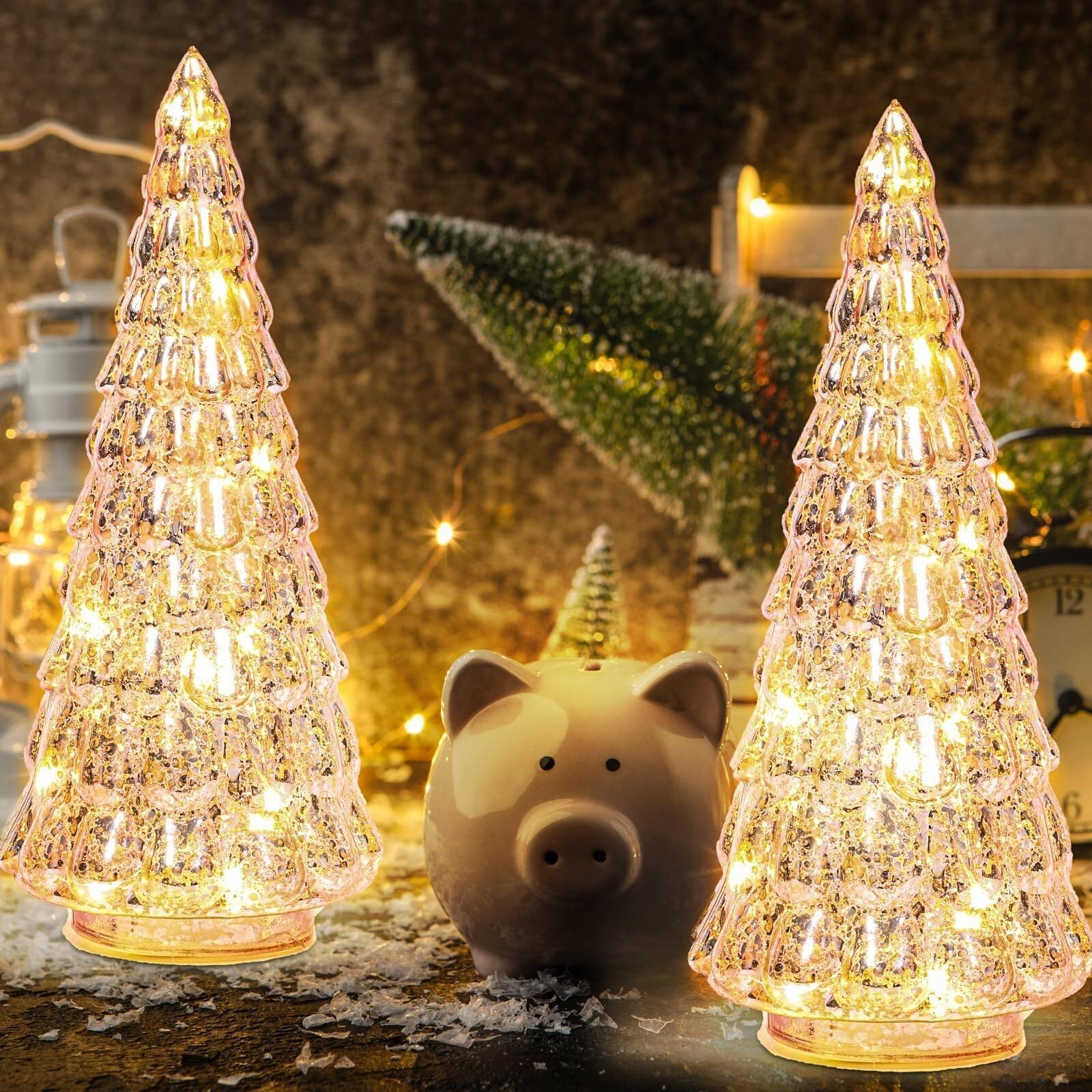 2PCS Pink Mercury Glass Christmas Tree with Light Table Top Decorations 10'' ... 07FC0E-D4 - KOEEK