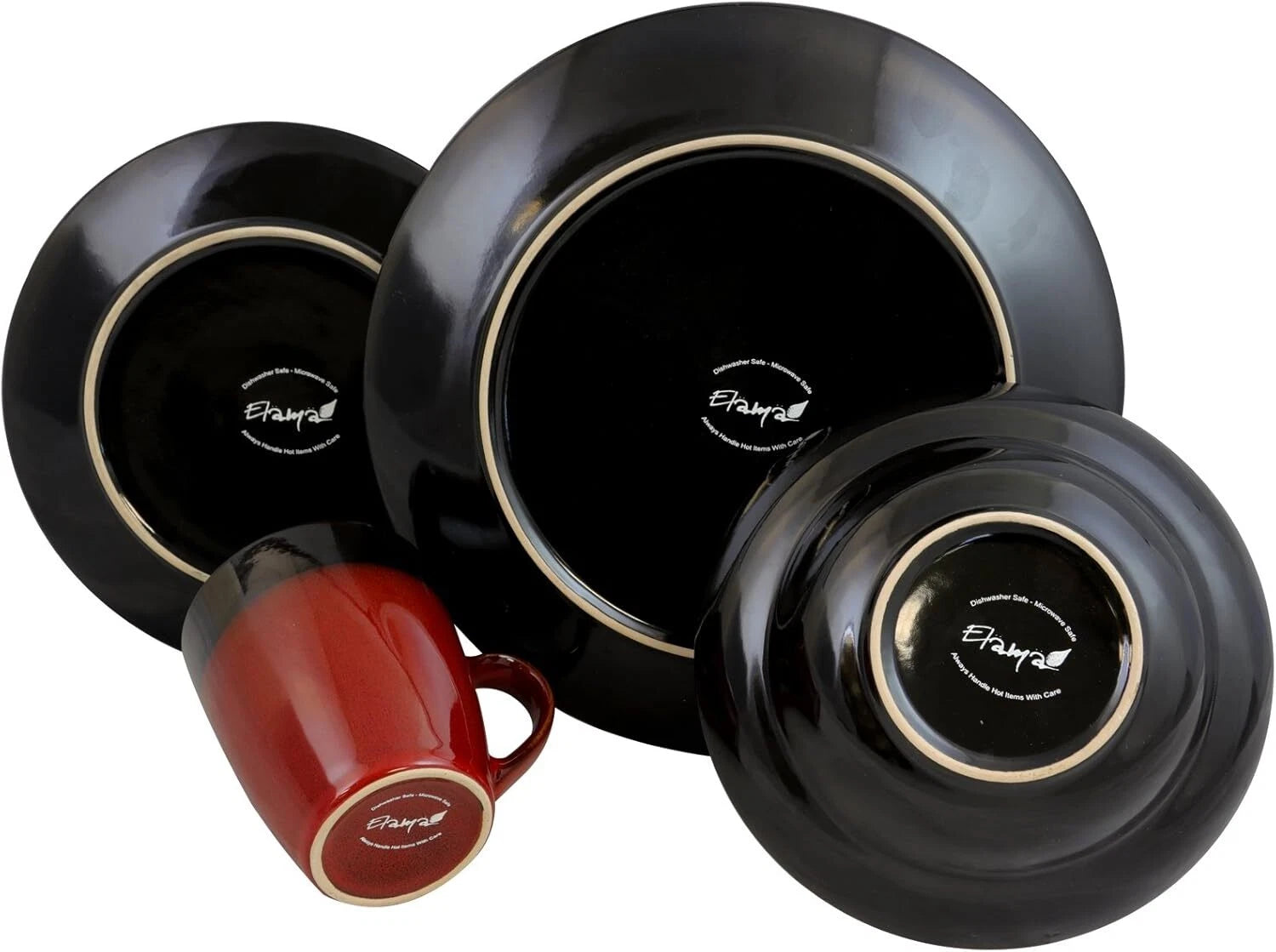 Round Stoare Two Tone Dinnerware Set, 16 Piece, Bright Red and Black 07FC0E-D4 - KOEEK