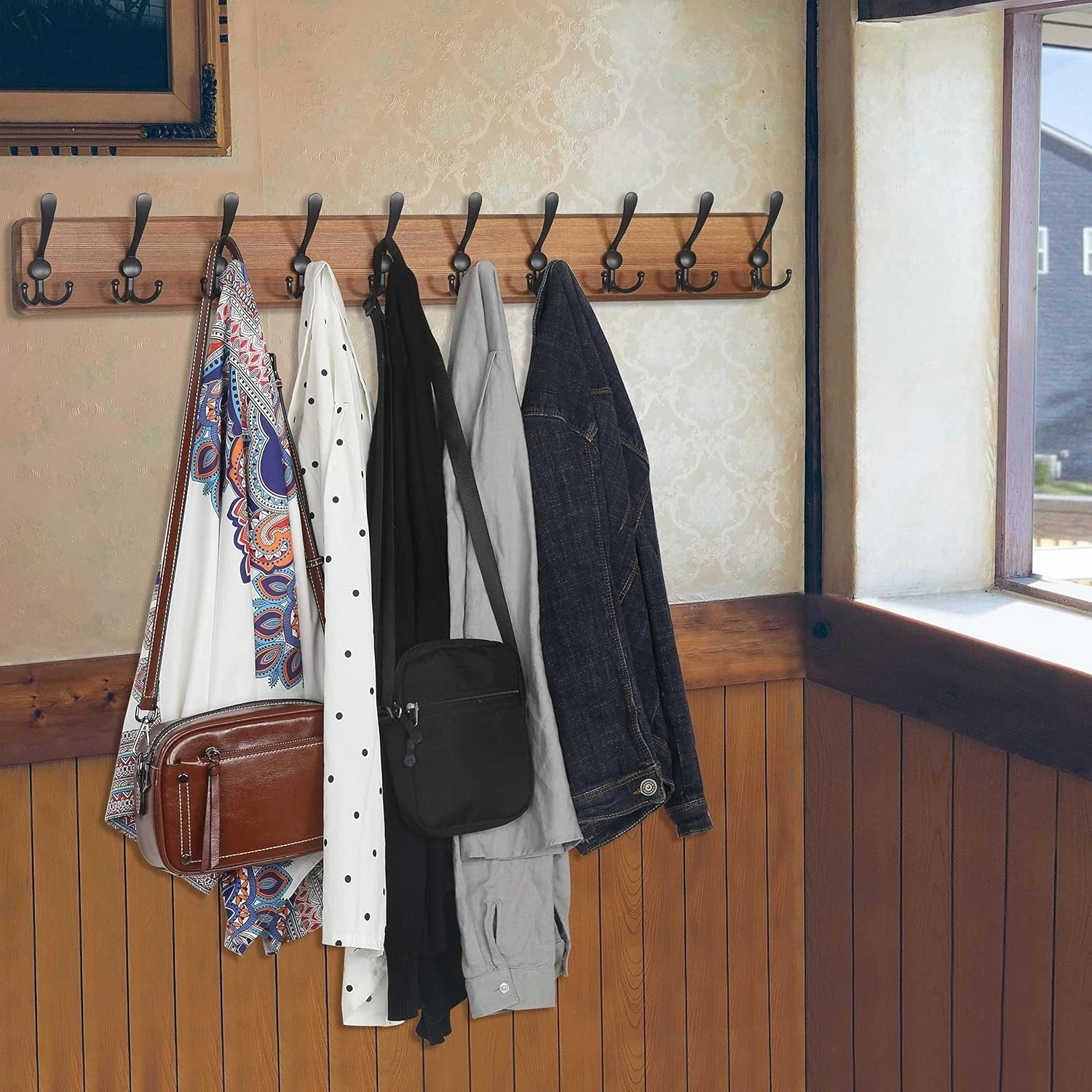 Wall-mounted coat rack, 38 9/16 inches long, 10 triple hooks, brown finish 07FC0E-D4 - KOEEK