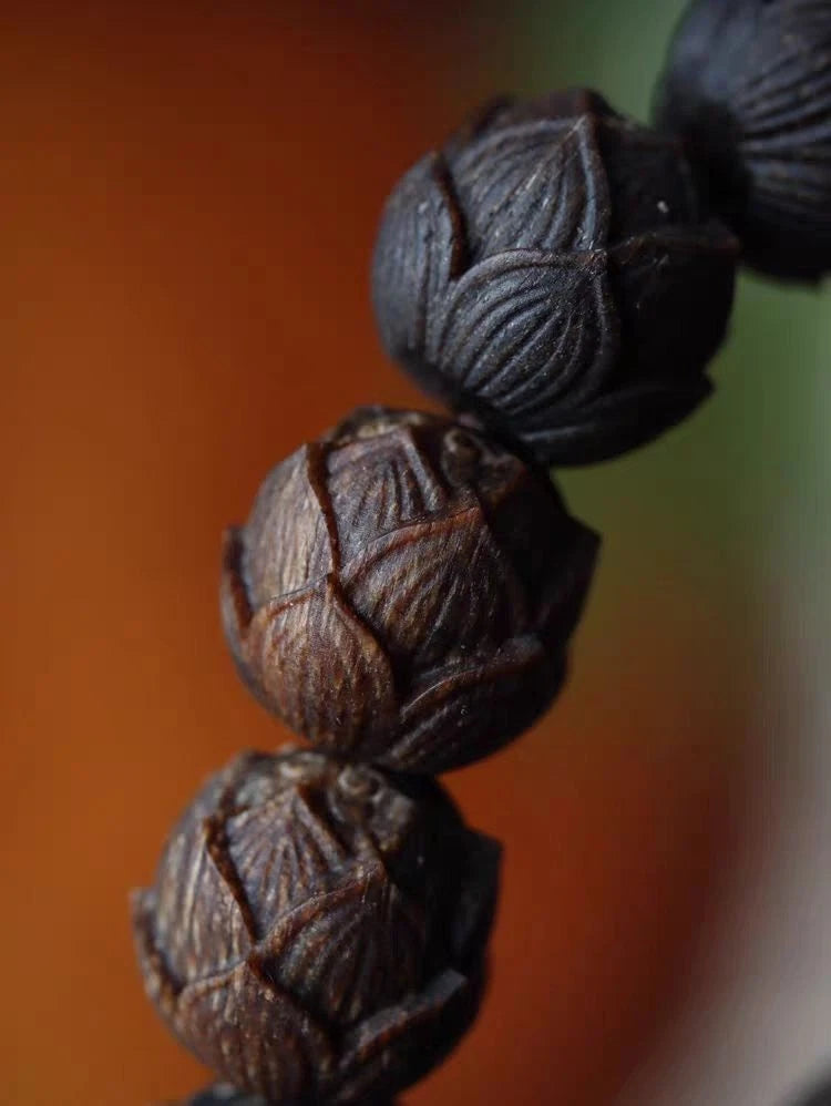 Vietnam Black Qi Nan Old Material 16mm Agarwood Carved  Lotus Bead Bracelet 07FC0E-D4 - KOEEK