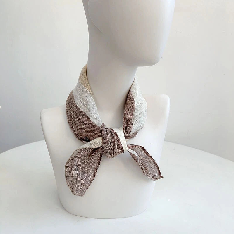 Womens  Flax Linen Brown Striped Bandana Neck Wrap Neckerchief Shawl Scarf 07FC0E-D4 - KOEEK