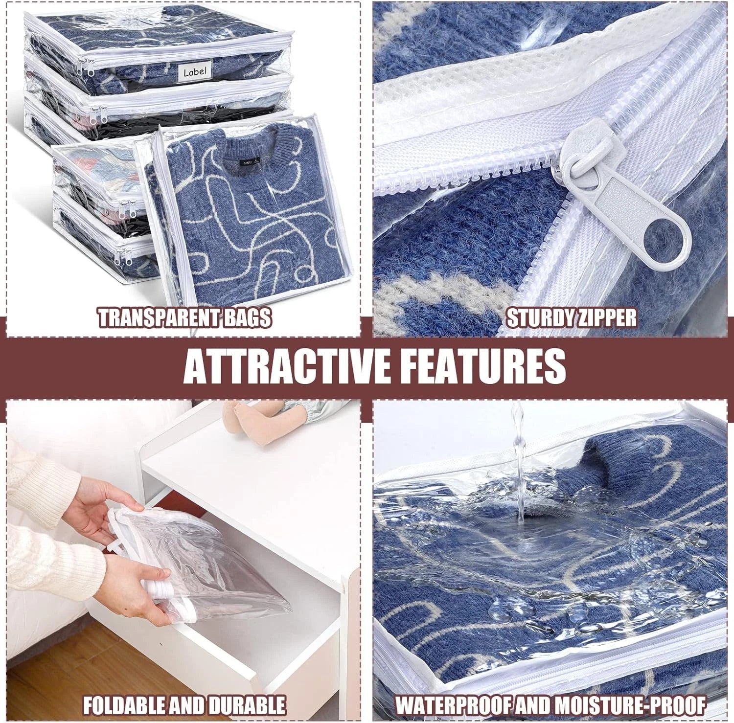 6 Pieces Sweater Storage Bags Plastic Clear PVC Clothes Storage Bags with Zipper 07FC0E-D4 - KOEEK