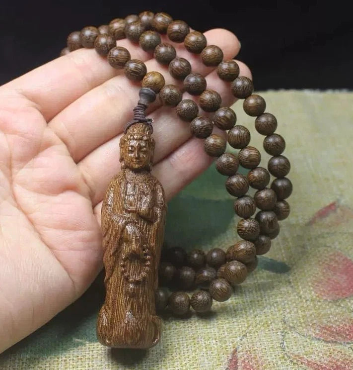 8mm*108 Natural Wood Guanyin Pandent Buddha Prayer Beads Necklace Accessories 07FC0E-D4 - KOEEK