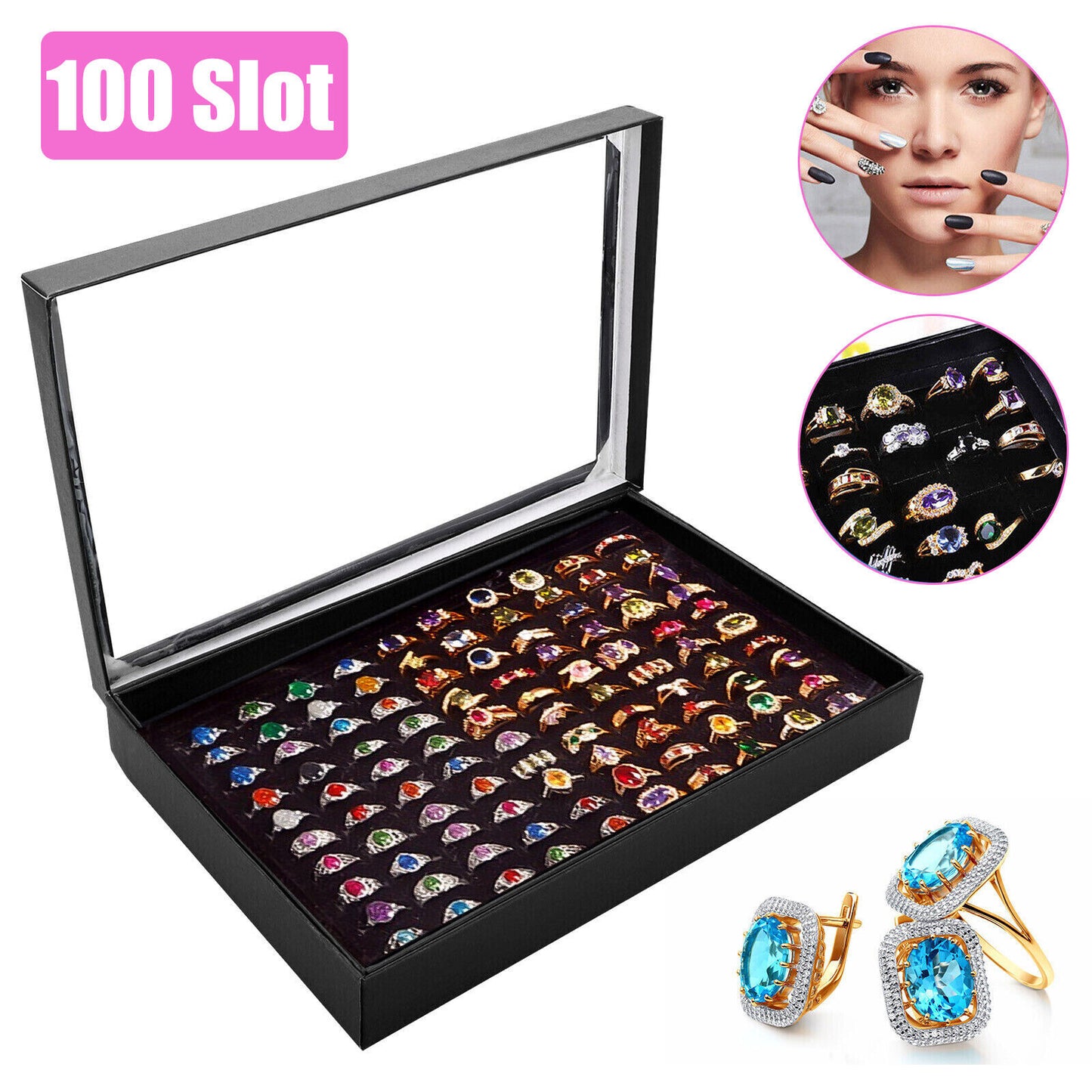 100 Slots Jewelry Ring Display Organizer Tray Holder Earrings Storage Boxes Case koeek - KOEEK