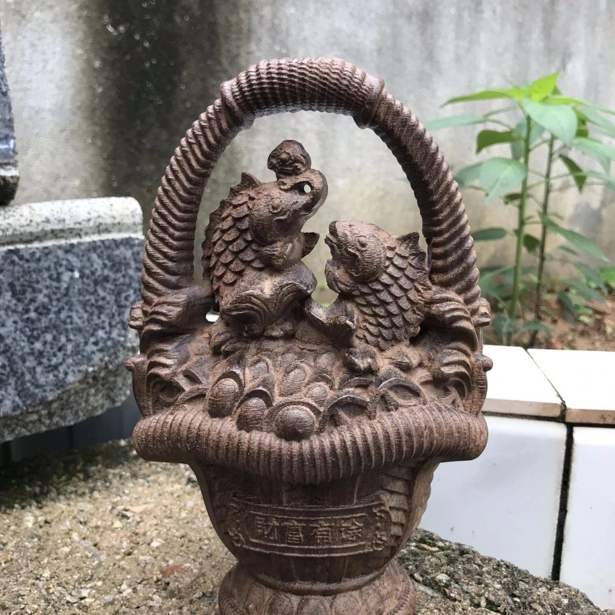 Vietnam Agarwood Flower Basket Figurine 18cm Wood Carving Feng Shui Decor Gift 07FC0E-D4 - KOEEK