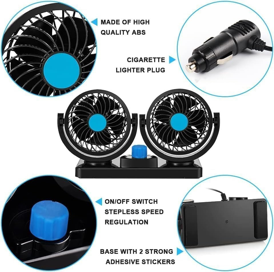 new Car Fan 12V, 360 Degree Rotatable Fan, Electric 2 Speed Dual Head Blue 07FC0E-D4 - KOEEK
