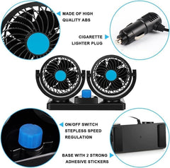 new Car Fan 12V, 360 Degree Rotatable Fan, Electric 2 Speed Dual Head Blue 07FC0E-D4 - KOEEK