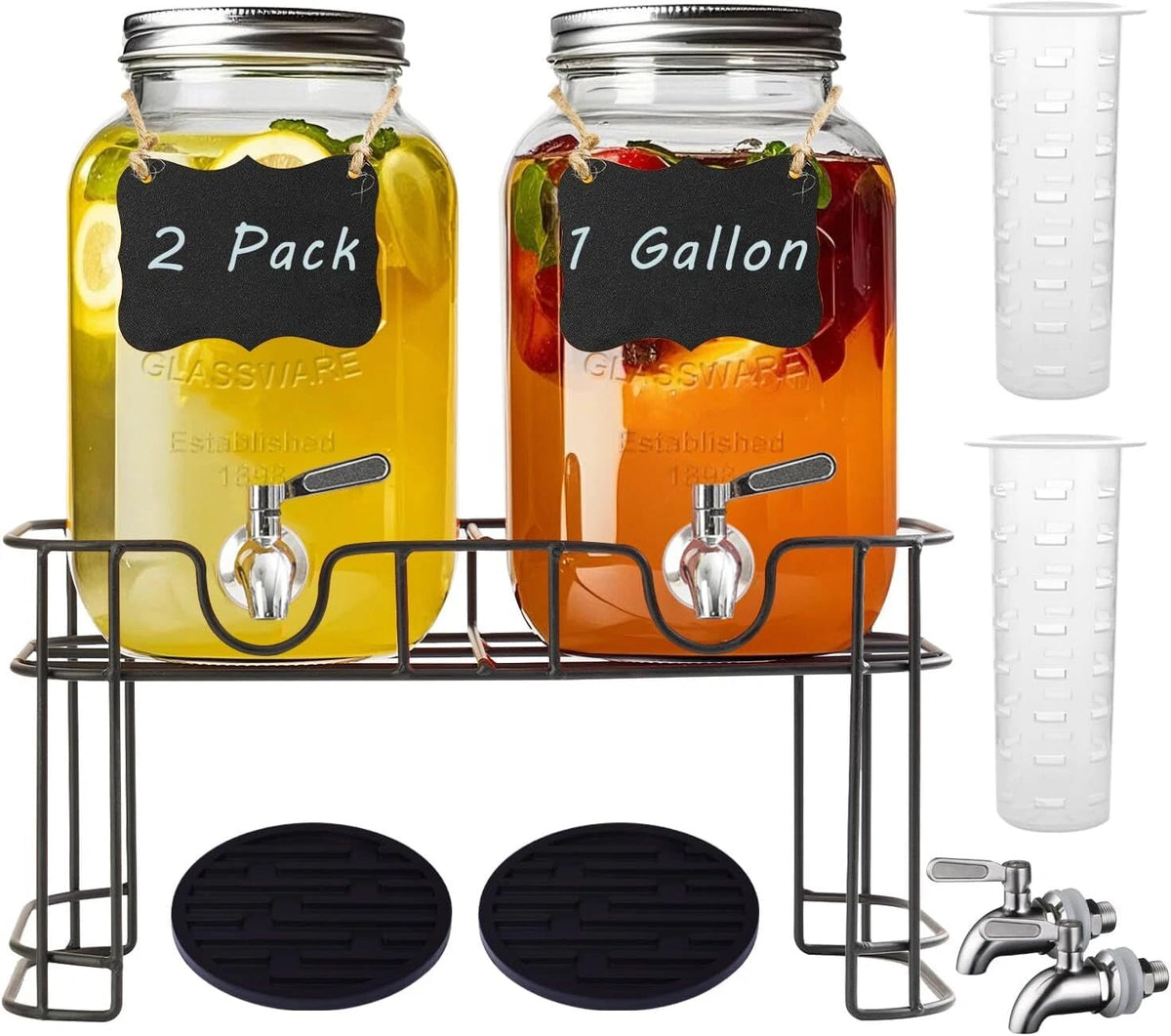 1 Gallon Glass Drink Dispenser with Stand,2 Pack Glass Beverage Dispenser 07FC0E-D4 - KOEEK