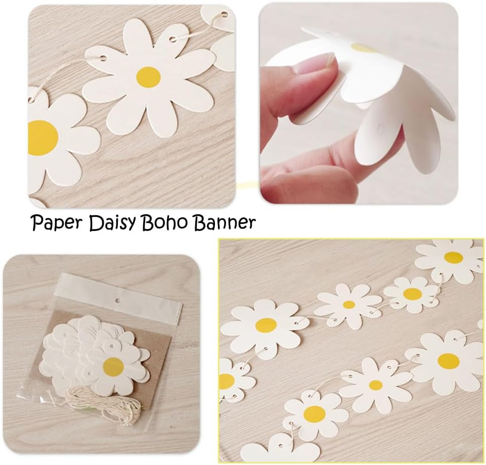 new Daisy Boho Banner Party Decorations,3 Packs Groovy Party White Daisy and Colorfu