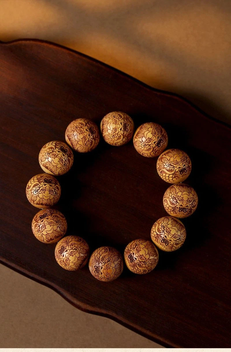 Sandalwood Dragon Carved Beads Bracelet 20mm Wood Prayer Bead Bangle Gift 07FC0E-D4 - KOEEK