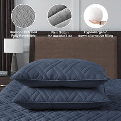 Quilt Set Queen Size Navy Blue, Classic Geometric Diamond Stitched Pattern