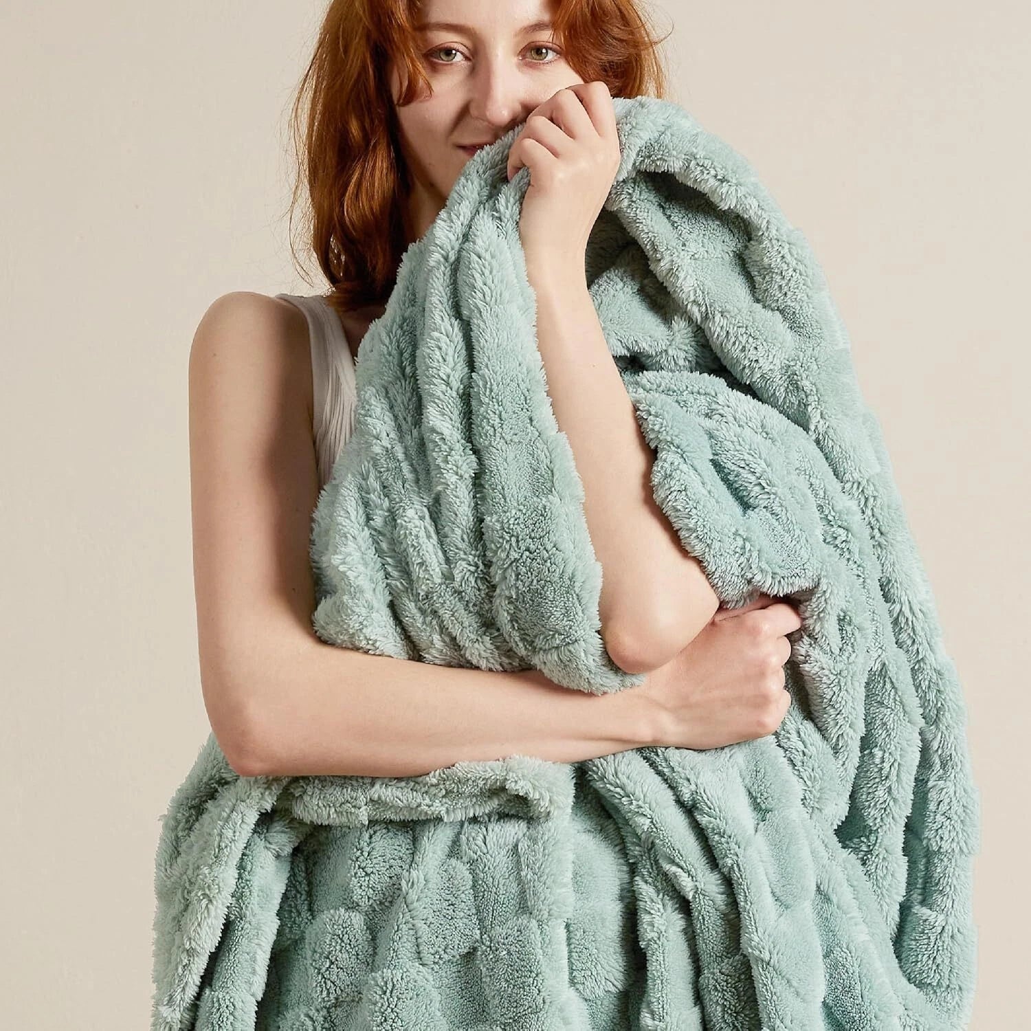 Sage Green Fleece Blanket for Couch - Checkered Throw Blanket for Women 07FC0E-D4 - KOEEK