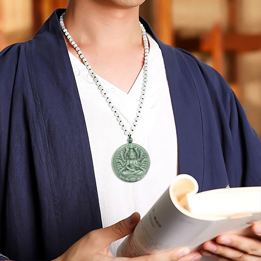 Guanyin Buddha Round Pendant Natural Grade A Jade Jadeite Green Thousand-handed 07FC0E-D4 - KOEEK