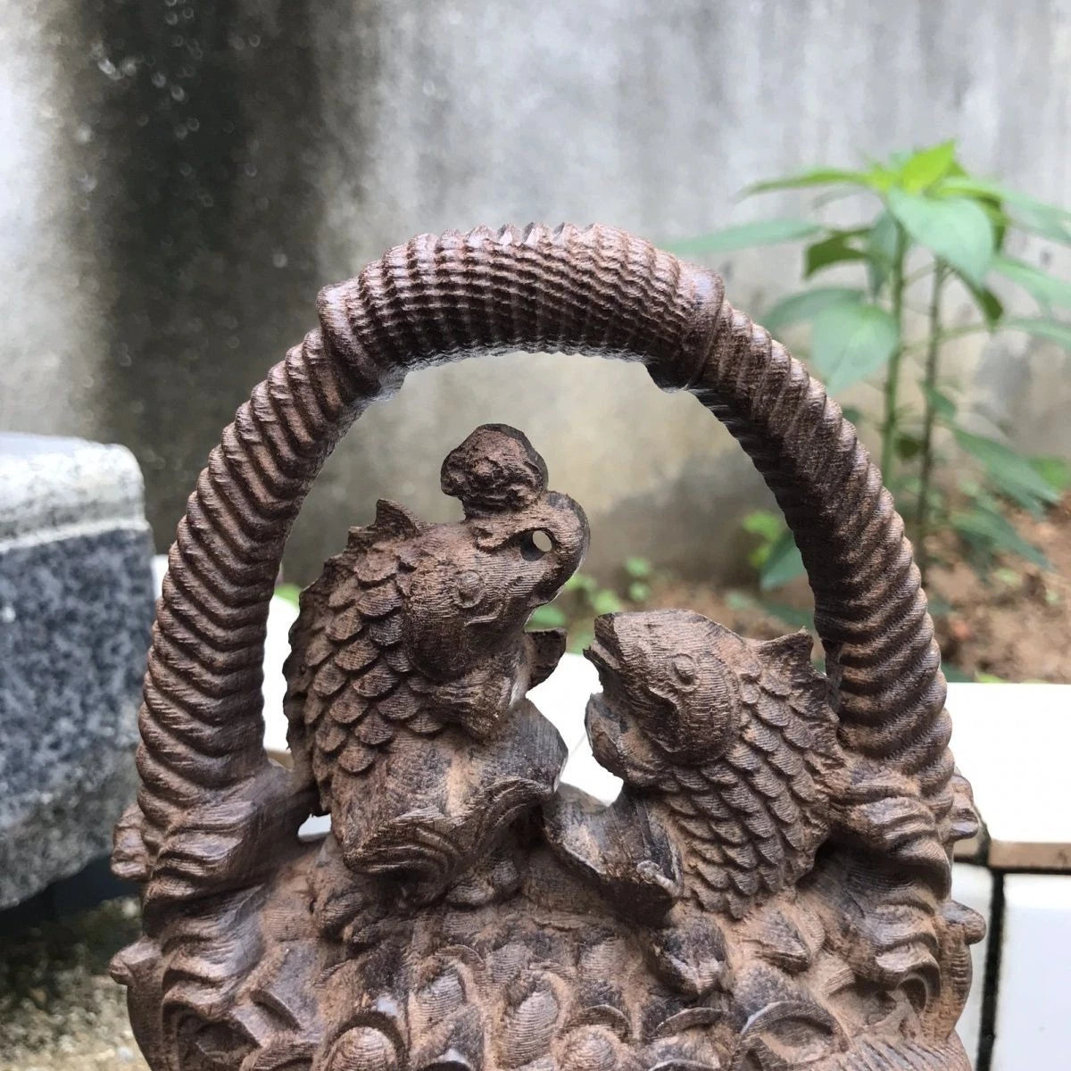 Vietnam Agarwood Flower Basket Figurine 18cm Wood Carving Feng Shui Decor Gift 07FC0E-D4 - KOEEK