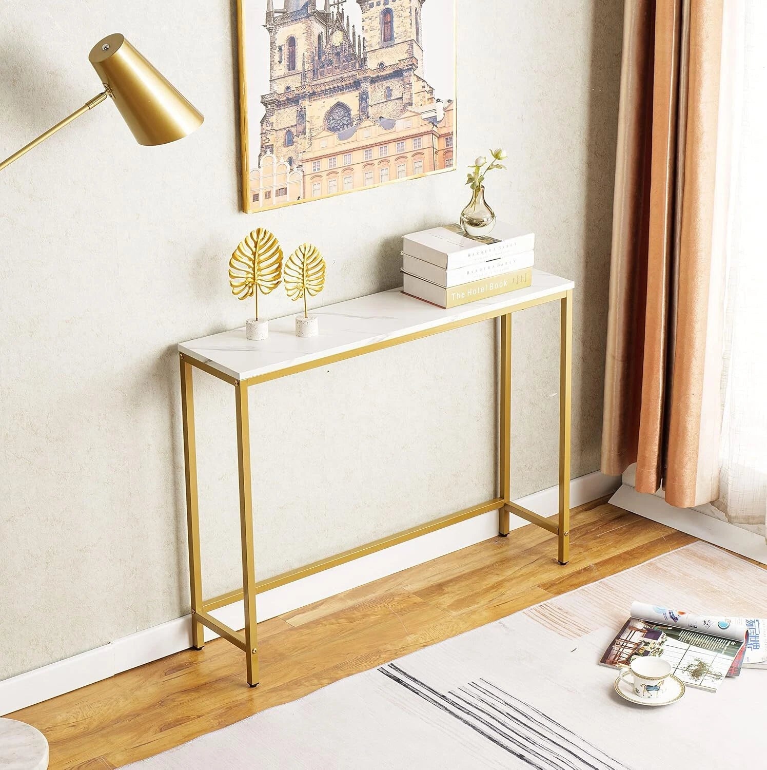 Entryway Dresser,Faux Marble MDF SofaTable withGold Border (Single,White Marble) 07FC0E-D4 - KOEEK