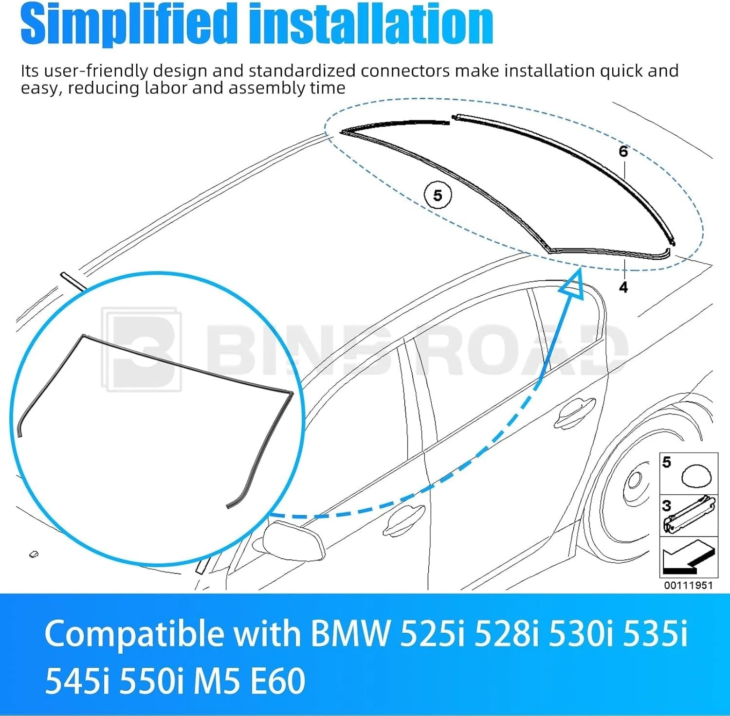 Rear Upper Lower Windshield Moulding Seal Set For BMW E60 545i 550i 525i 535i 07FC0E-D4 - KOEEK