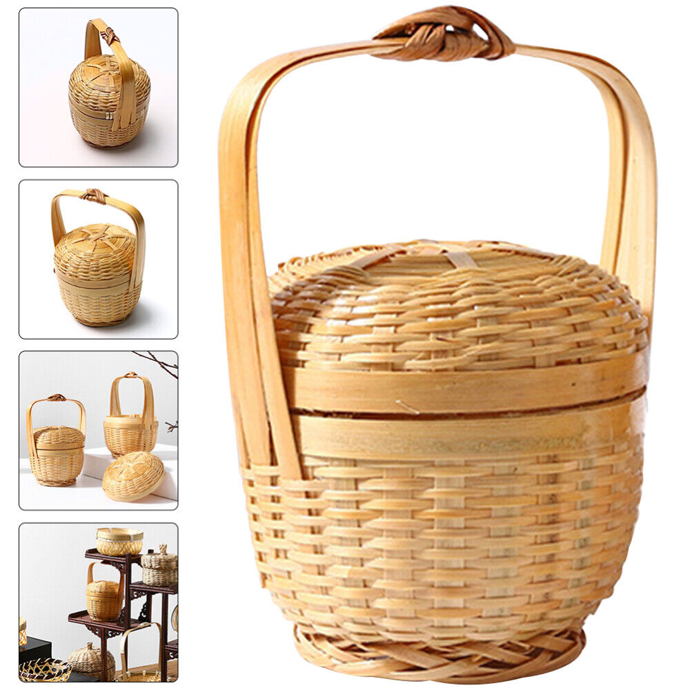 ny Bamboo Mini Basket Desktop Oppbevaring Vevde Kurver for med Lokk Portable