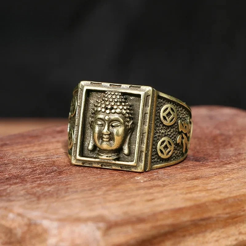 Retro Brass Sakyamuni Buddha Heads Ring Hand-carved Finger Ring Buddhism Rings 07FC0E-D4 - KOEEK