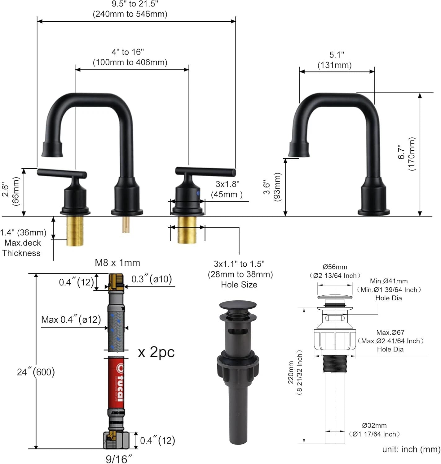 Two-Handle Widespread 8-Inch Bathroom Faucet Black 360 Degree Swivel 07FC0E-D4 - KOEEK