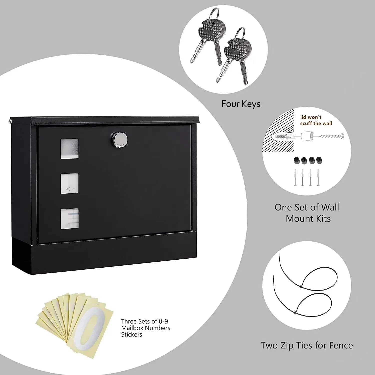 Locking Wall Mount Mailbox withThree Mailbox Number StickersLarge Capacity,Black 07FC0E-D4 - KOEEK