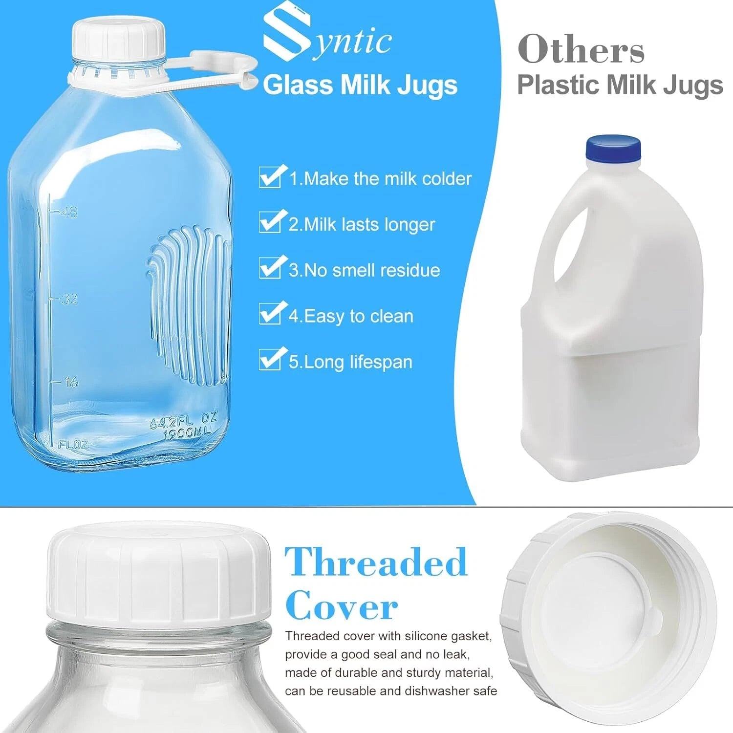 4 Pack 2 Qt Glass Milk Bottles with Handle and Airtight Reusable Screw Lids 07FC0E-D4 - KOEEK