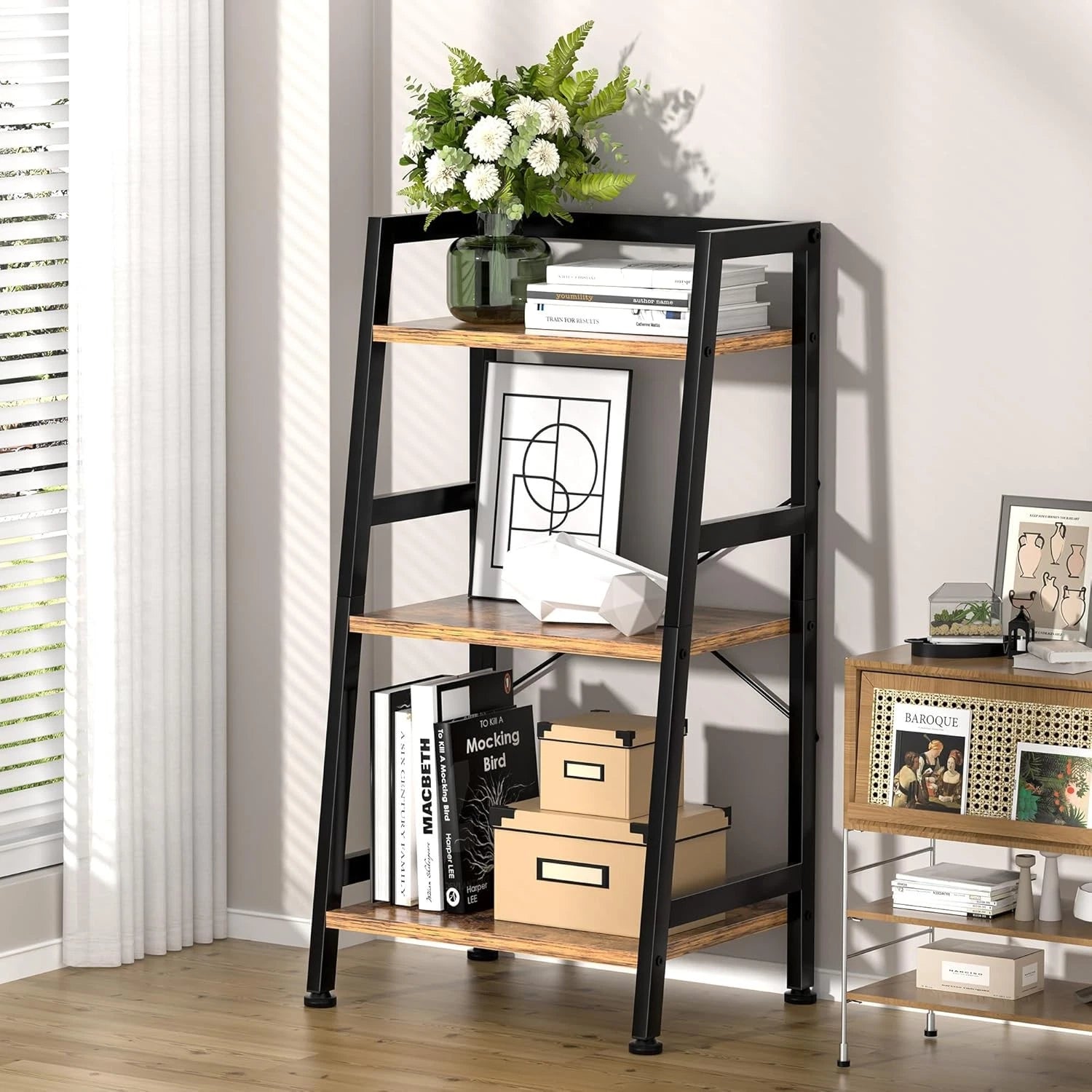 Three-tier bookshelf trapezoidal bookshelf,industrial-style steel frame bookcase 07FC0E-D4 - KOEEK