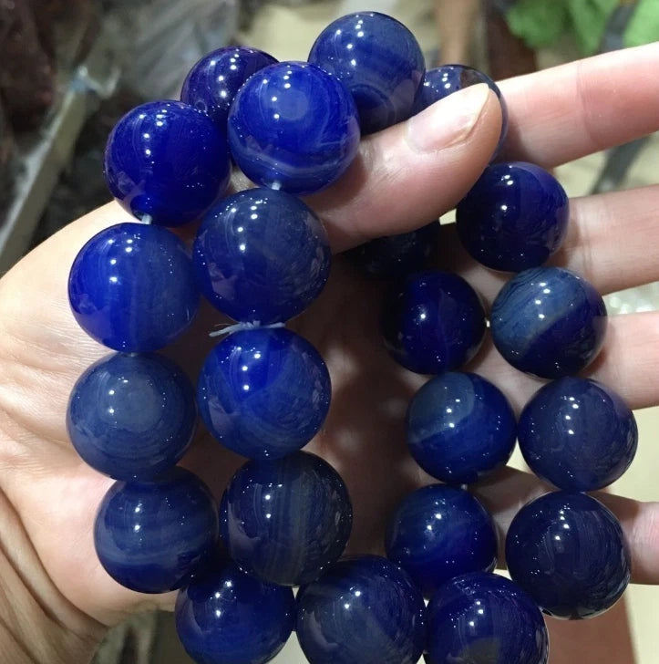 Blue Amber Bead Bracelet 20mm Round Unisex Jewelry Hand String Vintage Gift 07FC0E-D4 - KOEEK