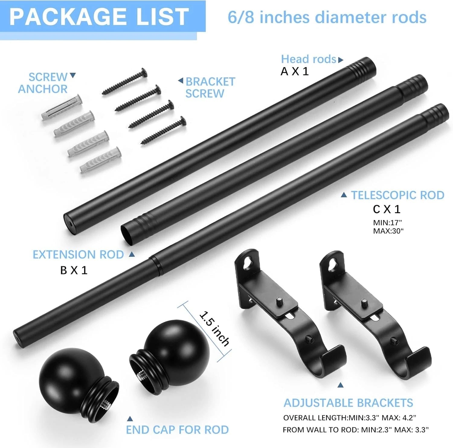 The maximum adjustable length of the curtain rod is 60 inches. 07FC0E-D4 - KOEEK