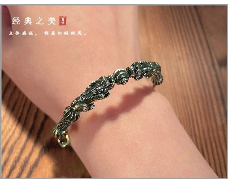 Vintage Brass Bracelet Ethnic Style Pixiu Hand Bead Creative Metal Bangle 07FC0E-D4 - KOEEK