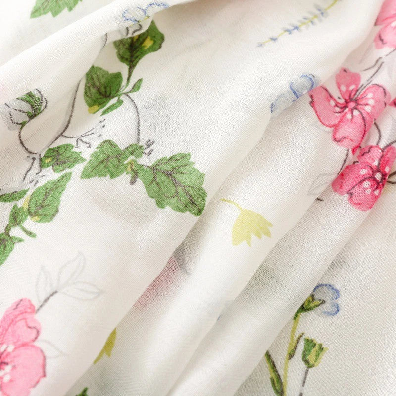 Women White Garden Floral Stole Scarf Summer Spring Soft Breathable Thin Shawl 07FC0E-D4 - KOEEK
