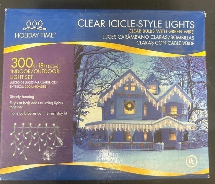 Christmas Clear Icicle Curtain Lights Holiday Time 300 Count Green Wire 17.3 Ft HOLIDAY TIME - KOEEK
