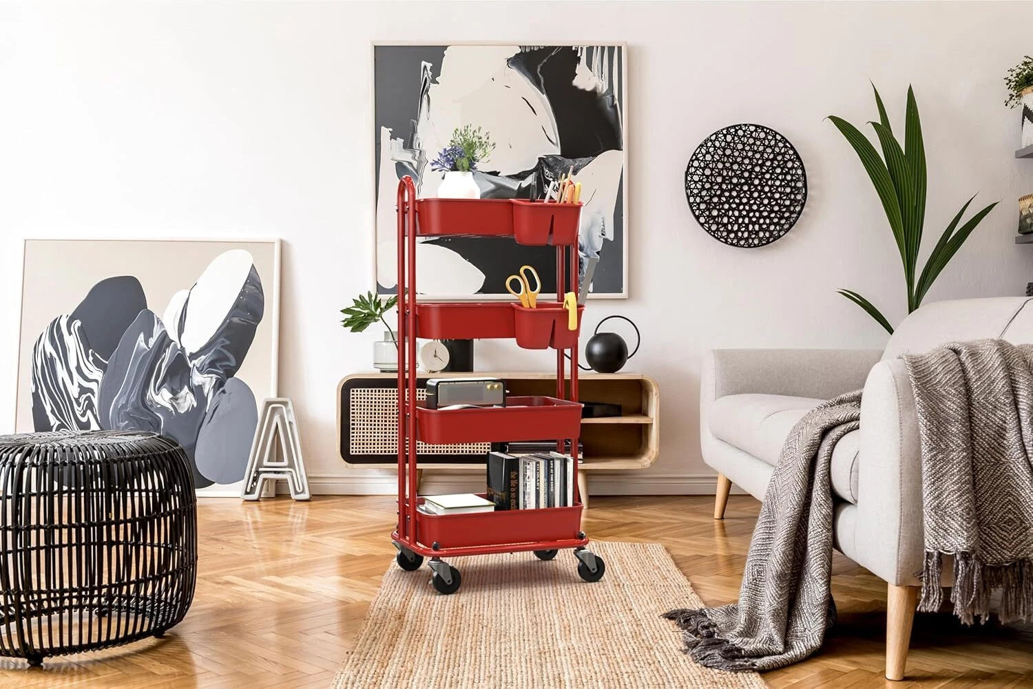 4-Tier Multi-Purpose Rolling Utility Cart with Bucket, Red 07FC0E-D4 - KOEEK