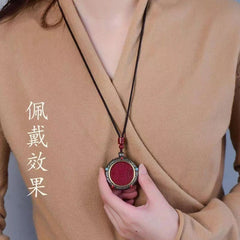 Natural Cinnabar Handcarved Tibetan Silver Bagua Pendant Amulet Necklace 07FC0E-D4 - KOEEK