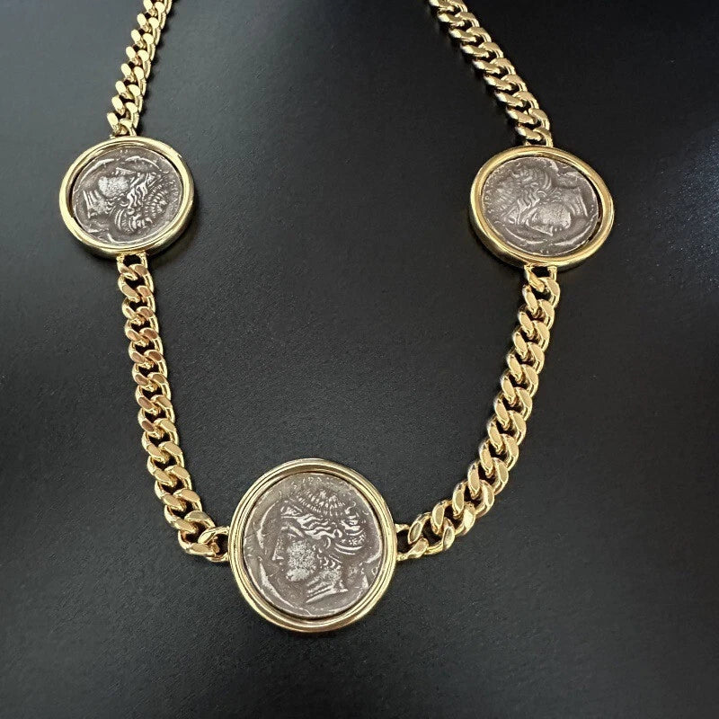 Retro Coins Ancient Hunting Carriage/Ocean Goddess Vintage Necklace Thick Chain 07FC0E-D4 - KOEEK