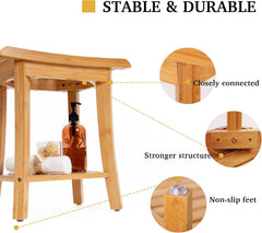 Bamboo Shower Chair with Storage Shelf, Spa Bath Chair for Bathrooms 07FC0E-D4 - KOEEK