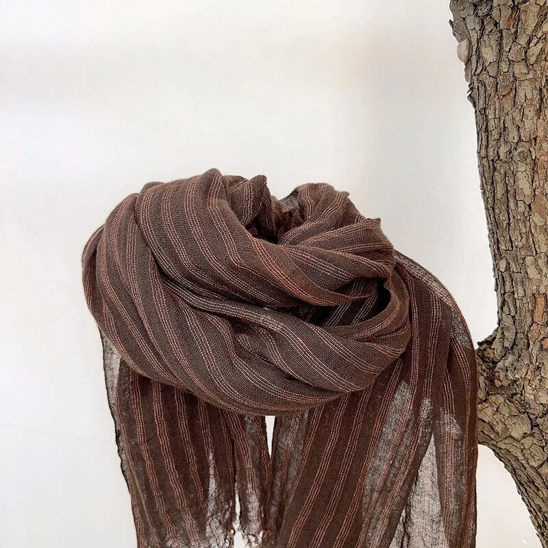 Mens Flax Linen Cotton Striped Breathable Brown Scarf Unisex Shawl Neckerchief 07FC0E-D4 - KOEEK