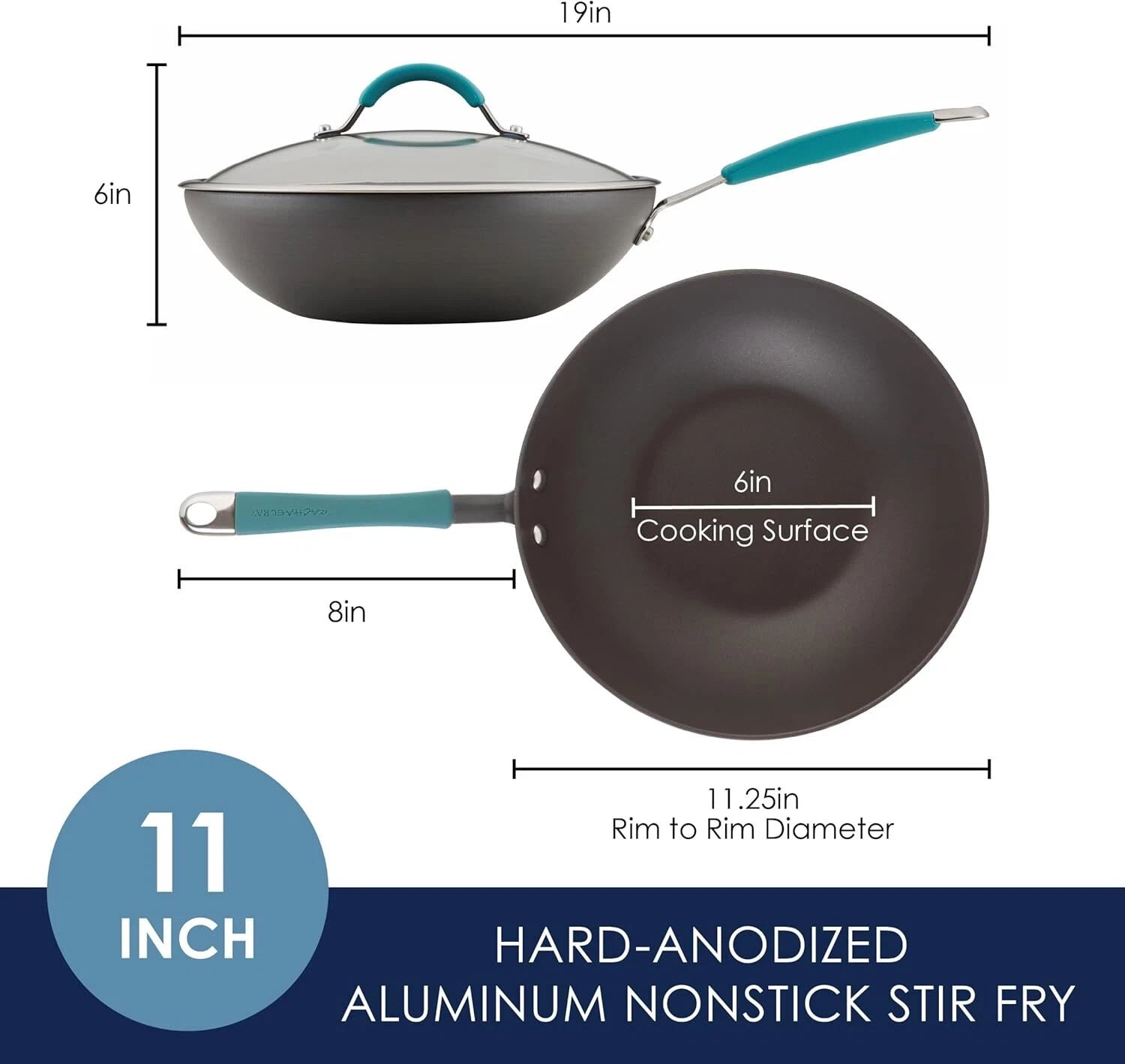 Hard Anodized Non-Stick Wok with Lid,11-Inch Wok with Lid,Gray with Blue Handles 07FC0E-D4 - KOEEK