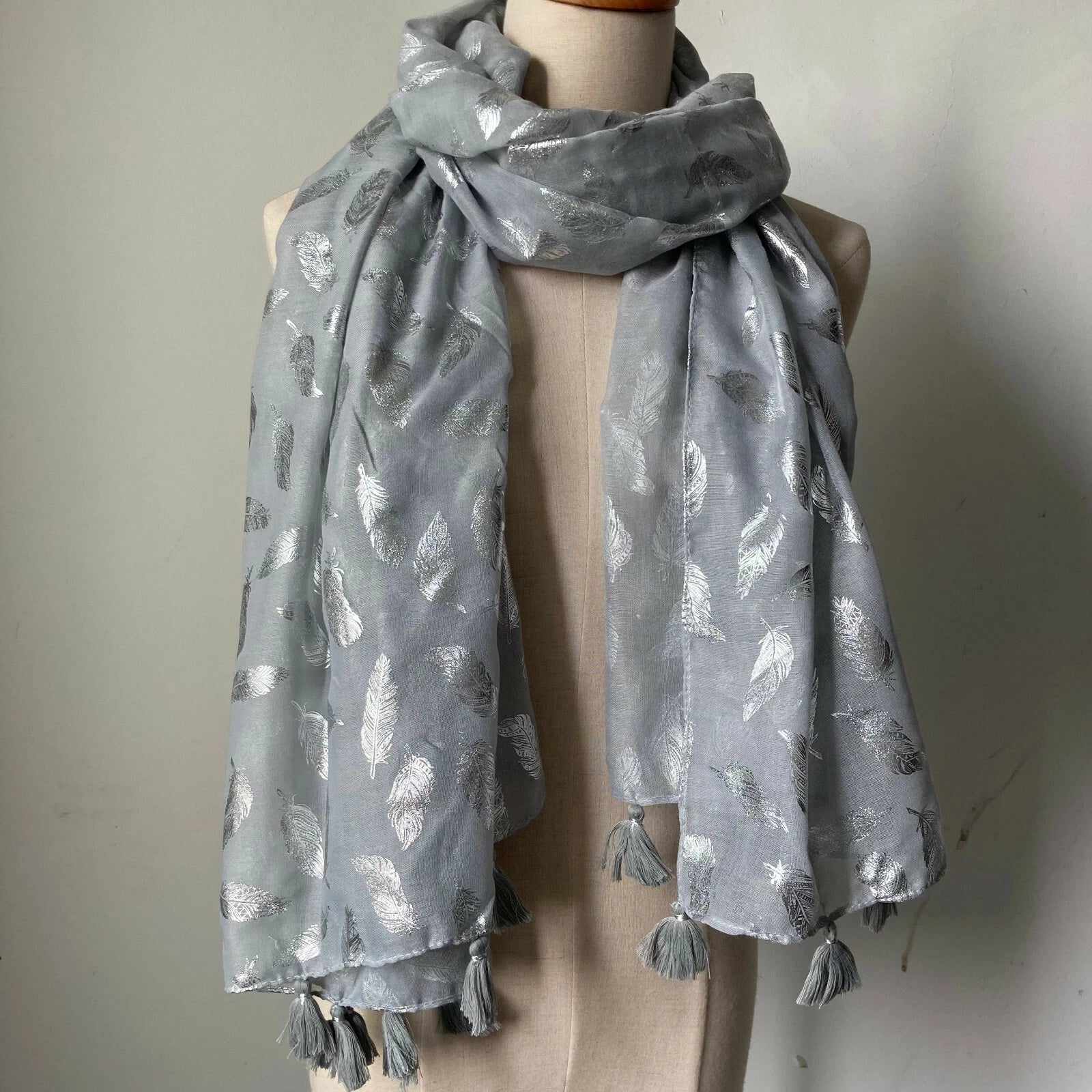 Womens Glitter Metallic Silver Feather Scarf Tassel Shawl Long Pashmina Stole 07FC0E-D4 - KOEEK