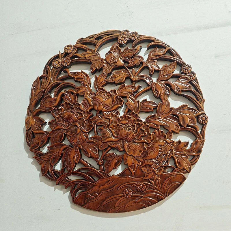 Round Peony Wood Carving Wall Hanging Camphor Wood Hollow 28cm Home Decor 07FC0E-D4 - KOEEK