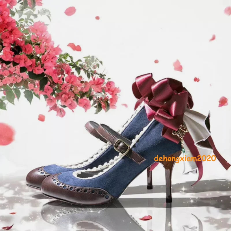 Violet Evergarden Sweet High Heels Shoes Bow Round Toe Mary Jane Shoes Lolita 07FC0E-D4 - KOEEK