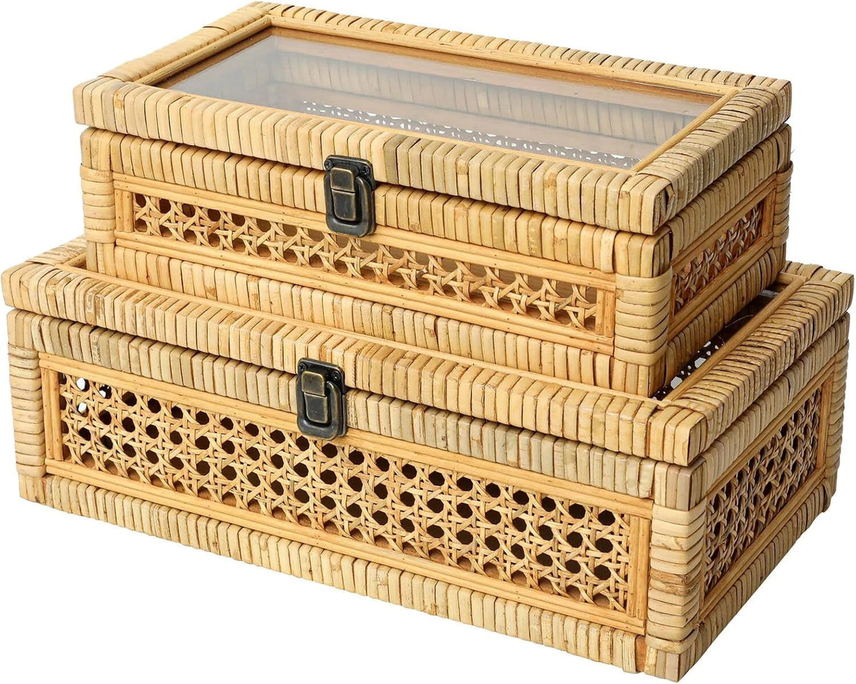 Rattan Strip Stacking Box with Glass Top - Set of 2 07FC0E-D4 - KOEEK