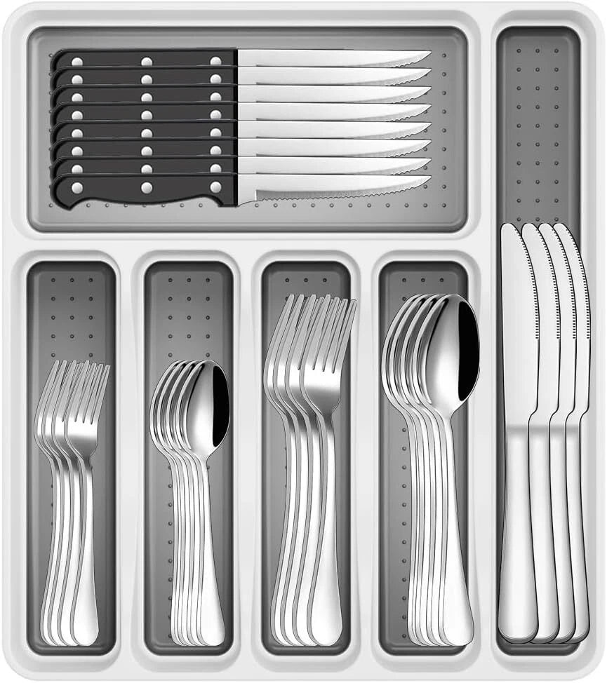 49 Piece Stainless Steel Silverware Set with Flatware Organizer, 8 People 07FC0E-D4 - KOEEK