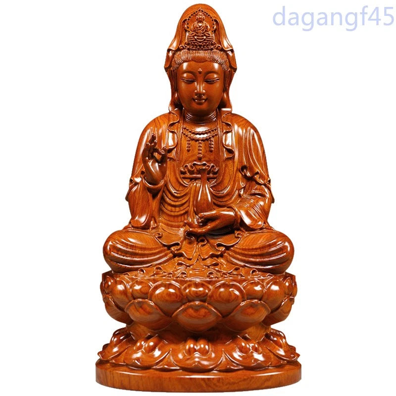Pear Wood Sitting Lotus Guanyin Bodhisattva Buddha Ornament Engrave Arts Crafts 07FC0E-D4 - KOEEK