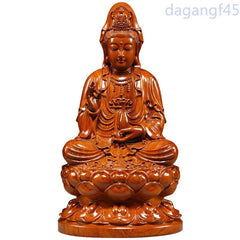 Pear Wood Sitting Lotus Guanyin Bodhisattva Buddha Ornament Engrave Arts Crafts 07FC0E-D4 - KOEEK