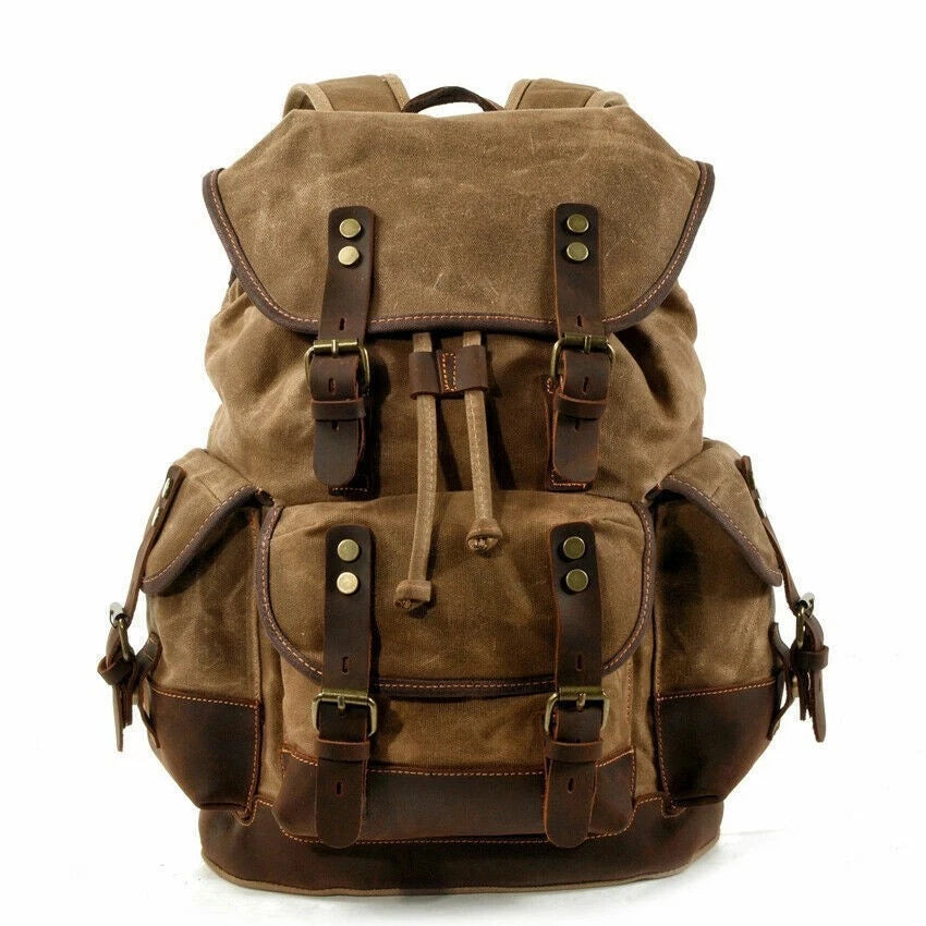 Vintage Canvas Backpack Outdoor Shoulder Rucksack Daypack Casual Leather Bags 07FC0E-D4 - KOEEK