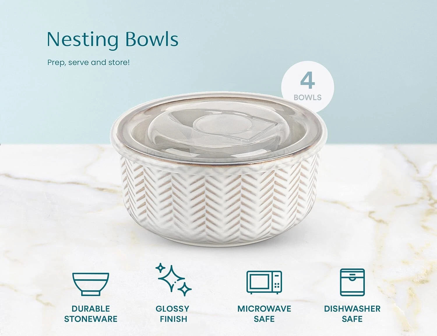 Ceramic Nesting Bowl with Lid, Embossed, Food Storage Container, Kitchen Bowl 07FC0E-D4 - KOEEK