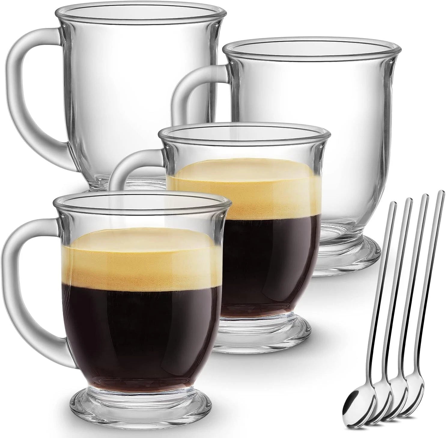 Glass Coffee Mugs Set of 4, Clear Large Coffee Mug 15 Oz With Handles 07FC0E-D4 - KOEEK