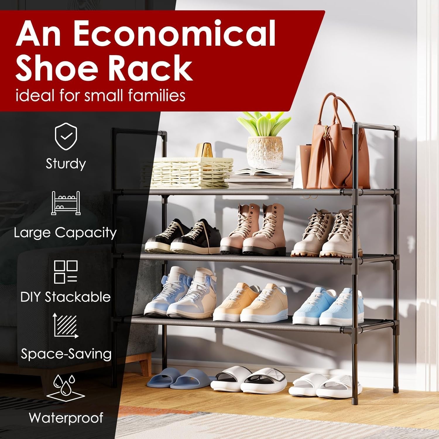 new Shoe Rack with Non-Woven Fabric - 3-Tier Organizer for X-Large, Black 07FC0E-D4 - KOEEK