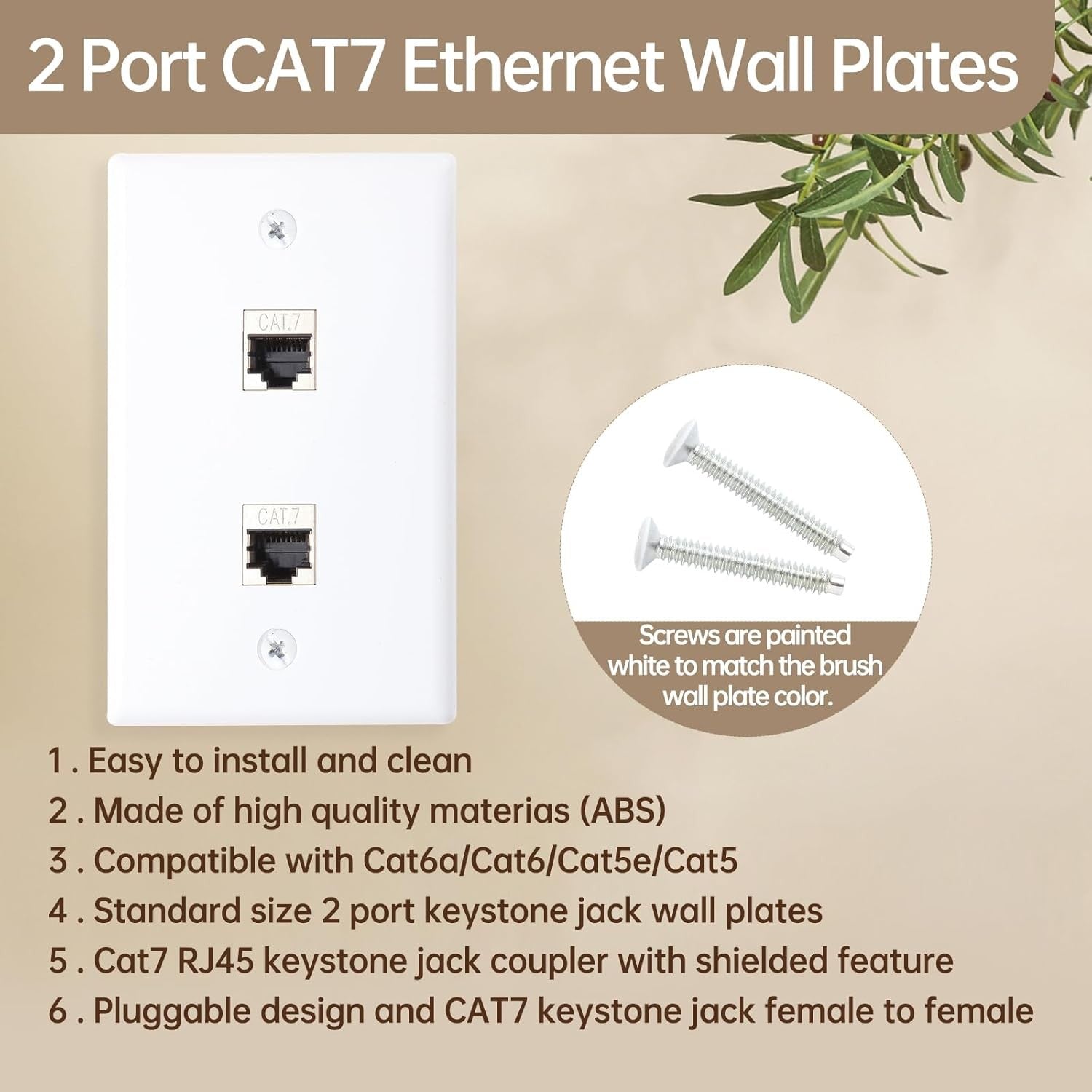 new 3-Pack CAT7 Ethernet Wall Plate 2 Port RJ45 2 (3-Pack), White 07FC0E-D4 - KOEEK