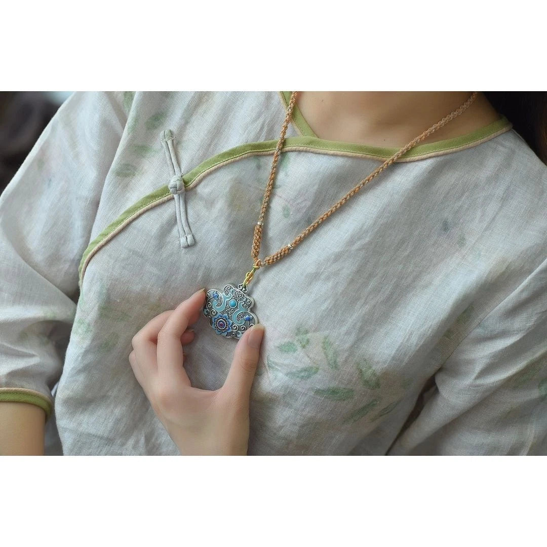 Silver Plated Enamel Locket Necklace 45mm Chinese Style Handmade Pendant Cord 07FC0E-D4 - KOEEK